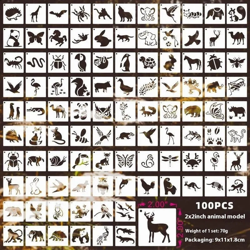 700 PET film hollow spray painting templates in seven 2-inch designs including floral, animal, ocean, and letter patterns