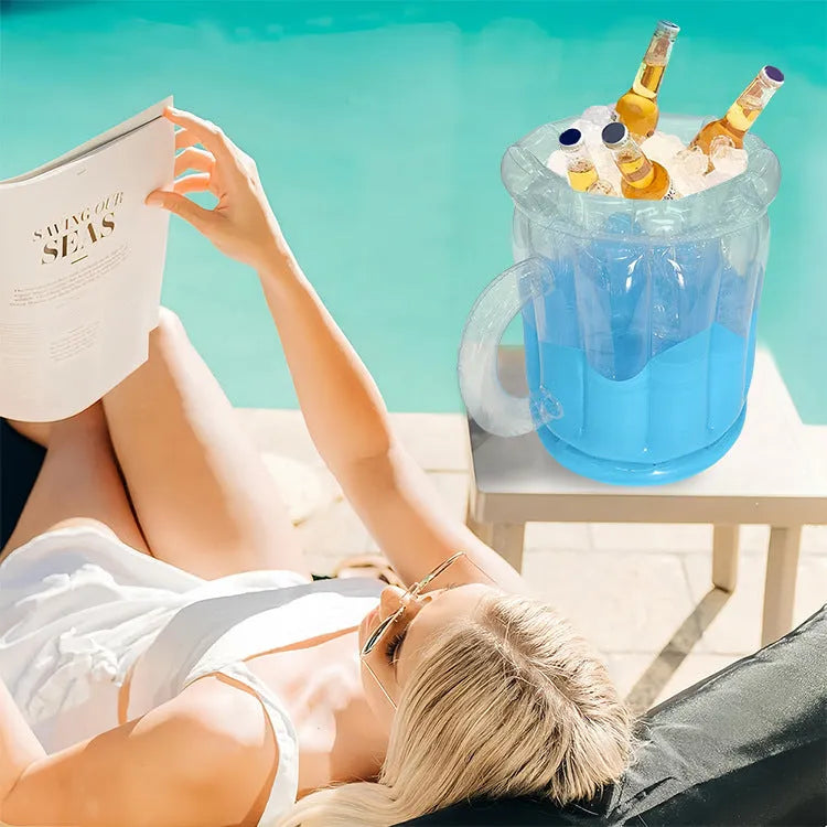 Yellow inflatable PVC ice bucket for outdoor drink cooling at parties and beaches
