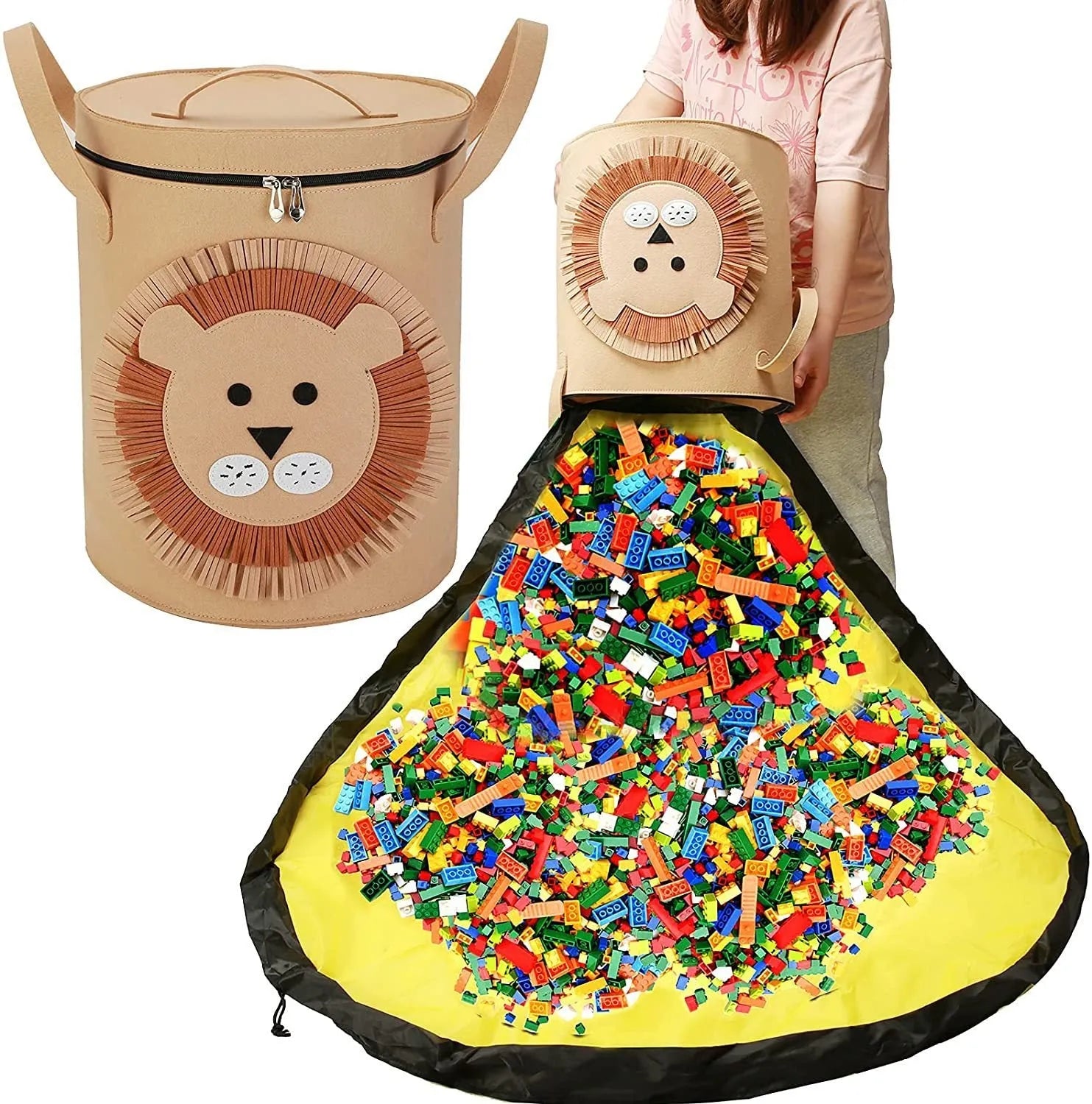 Green felt storage cube with pull rope unfolded as waterproof play mat for children's toys