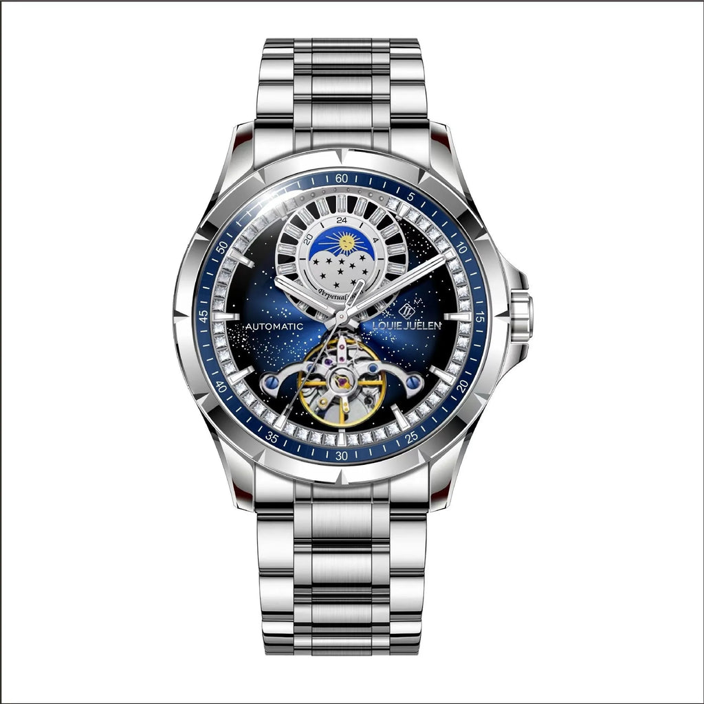 Men's silver automatic mechanical watch with blue dial on stainless steel strap