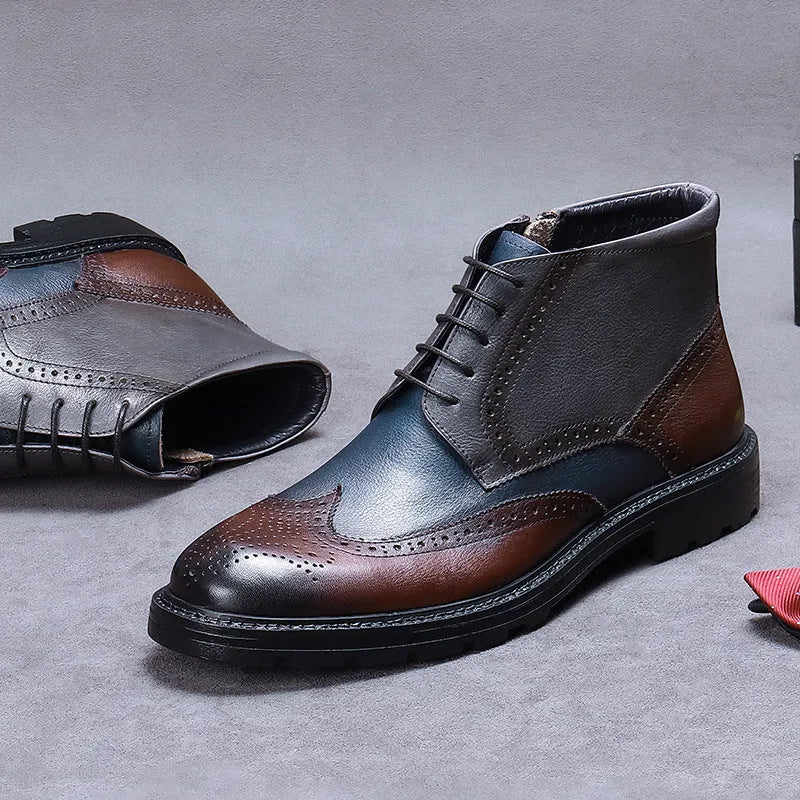 Mens curry blue leather brogue boots with colour blocking and carved design on a low square heel.