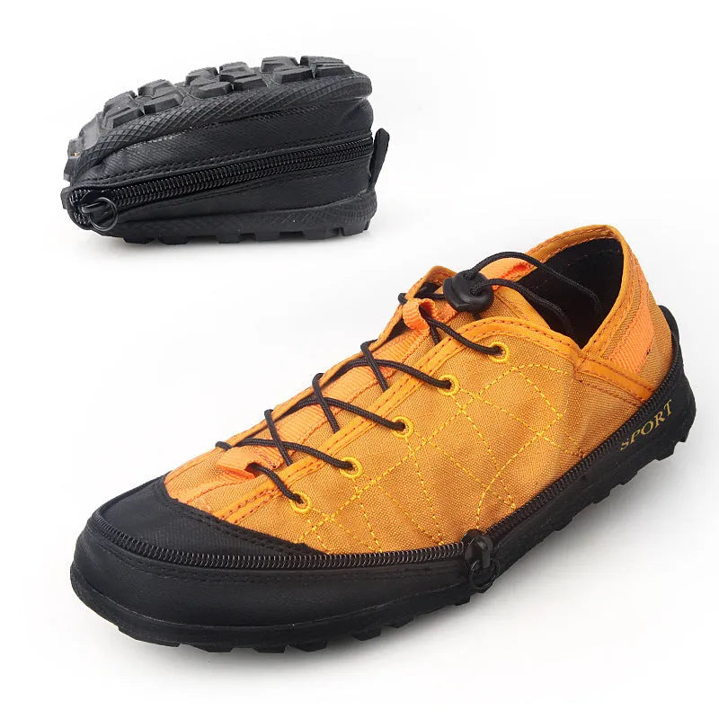 Portable folding outdoor hiking shoes in orange, featuring a mesh upper and side zipper closure.