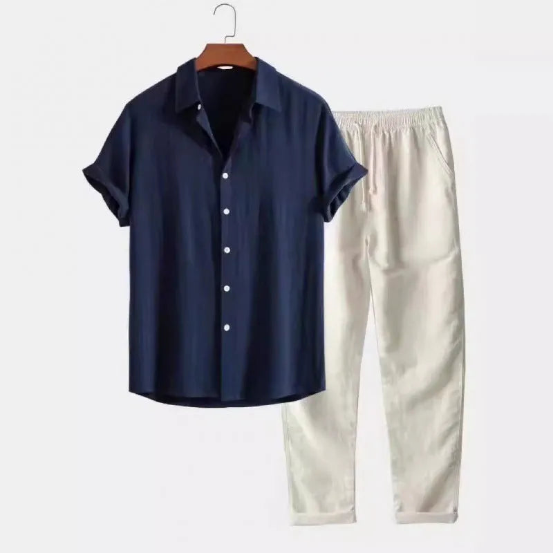 Men's loose fit linen blend short sleeve shirt and trousers casual suit set on a hanger.