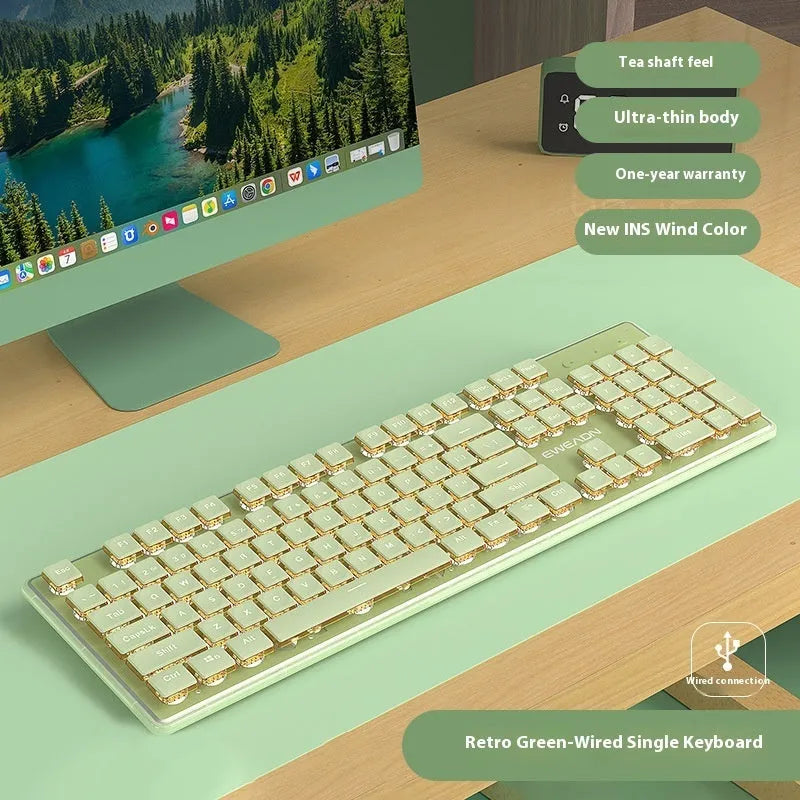 Prewalker V3 mute mechanical feeling keyboard and mouse set in retro green colour on a desk.