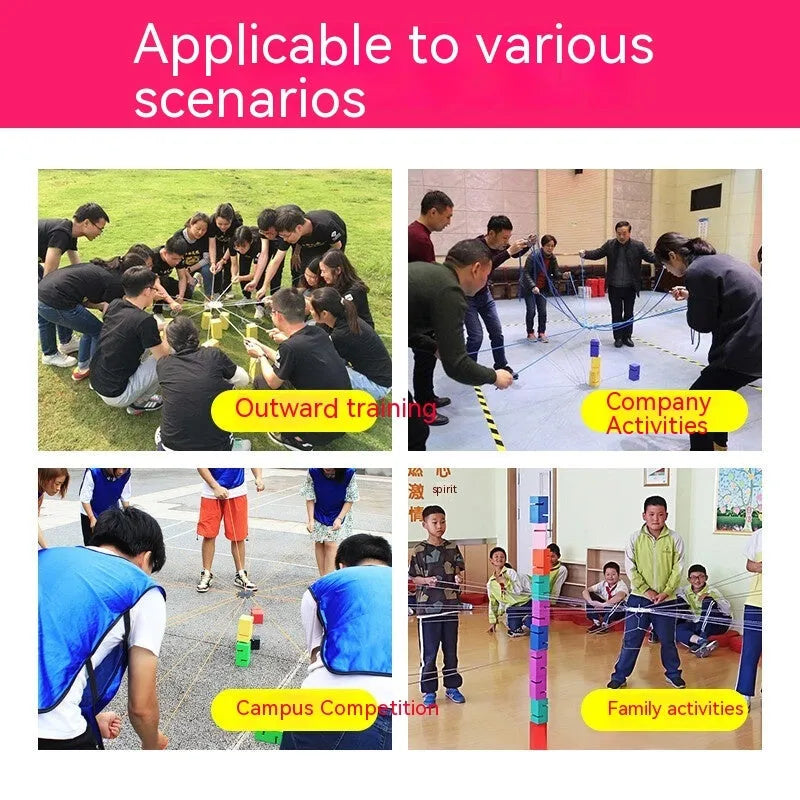 Outdoor team building equipment set with ABS plastic blocks, pull ropes, and connection frame