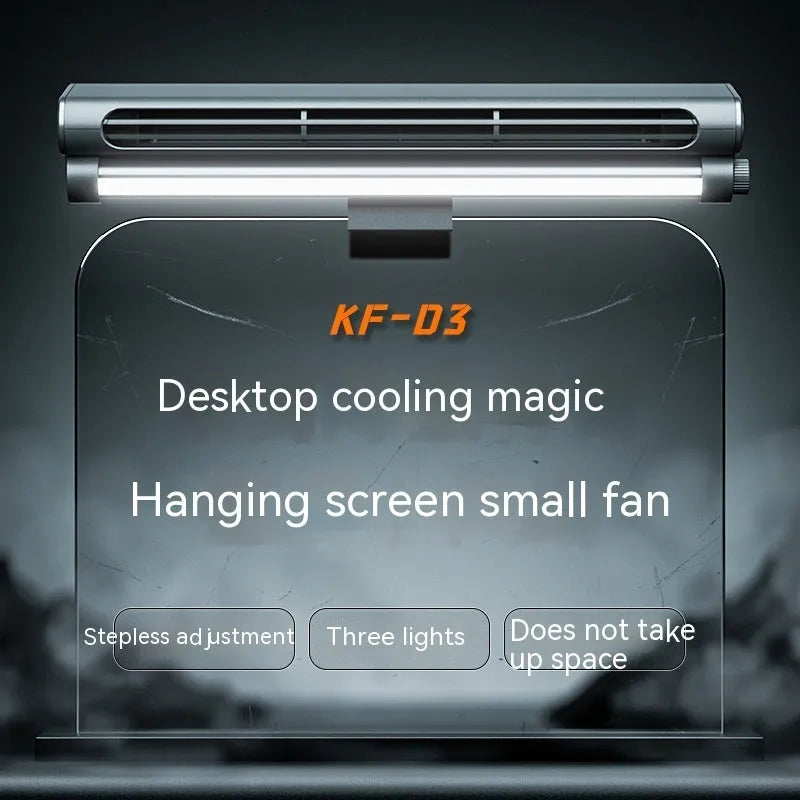 Black USB bladeless fan with clip mount and integrated LED lamp for laptop screens