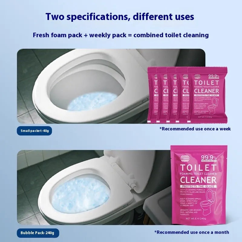 Box and bag of toilet bubble cleaning powder in blue ocean and pink floral fragrance options.