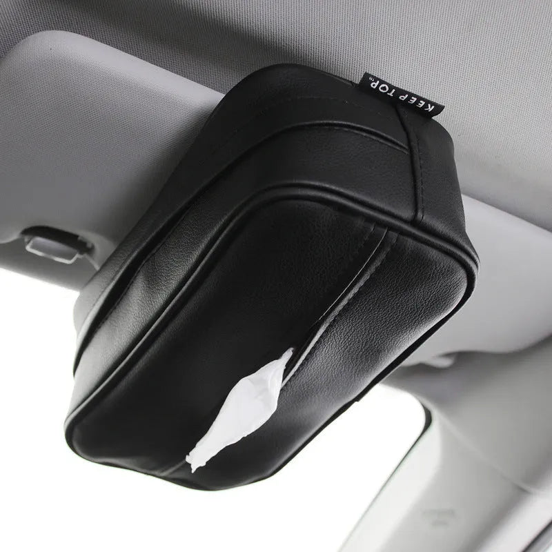 PU leather car hanging storage box bag in black colour showing dimensions and hanging strap