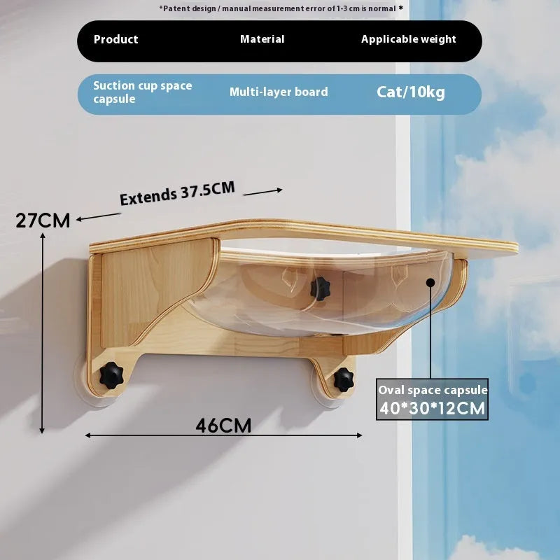 Suspended cat climbing frame with sisal scratching surfaces in space capsule design attached to ceiling