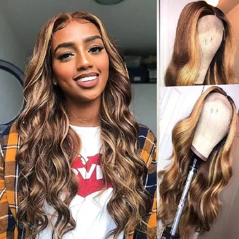 Front lace wig with long black gradient curly hair and side fringe, shown in big wave style.