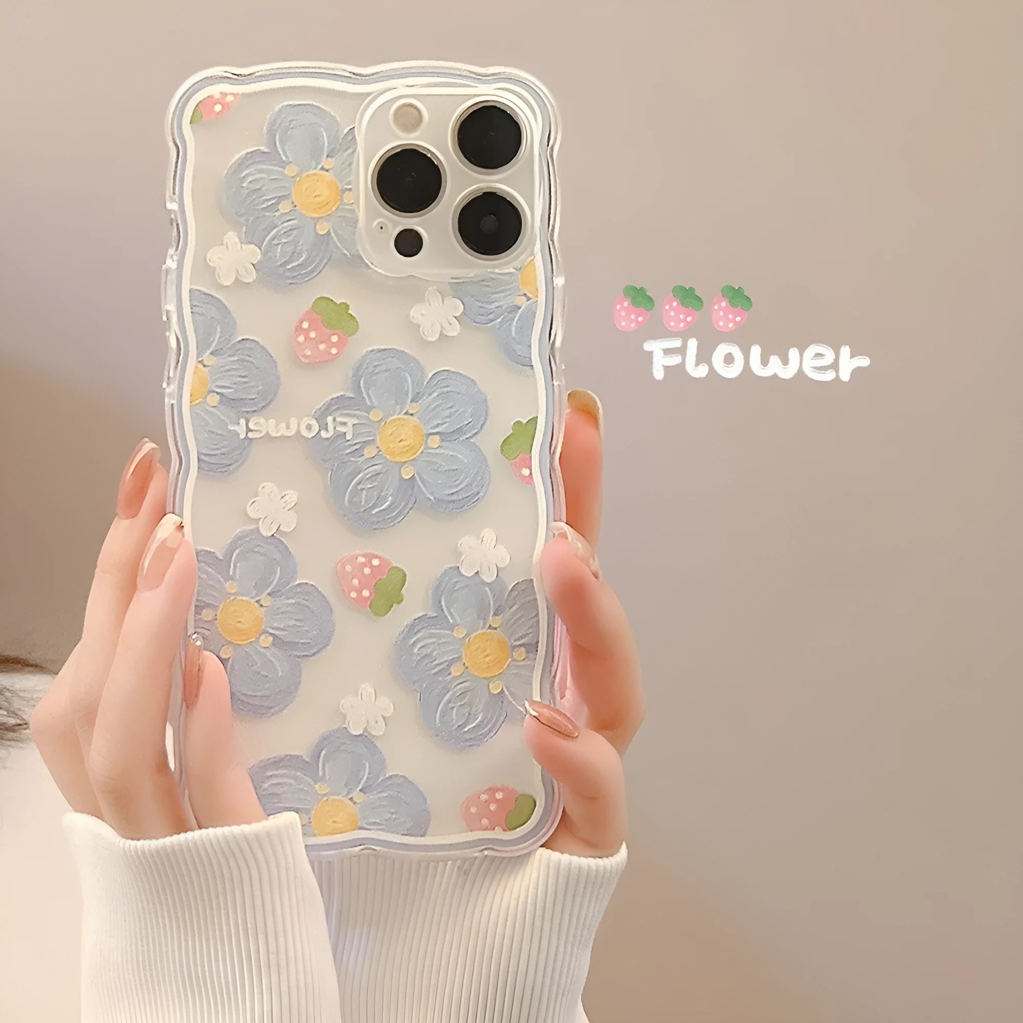 Wave edge silicone phone case for Apple iPhone with transparent oil painting blueberry flower design and wavy pattern