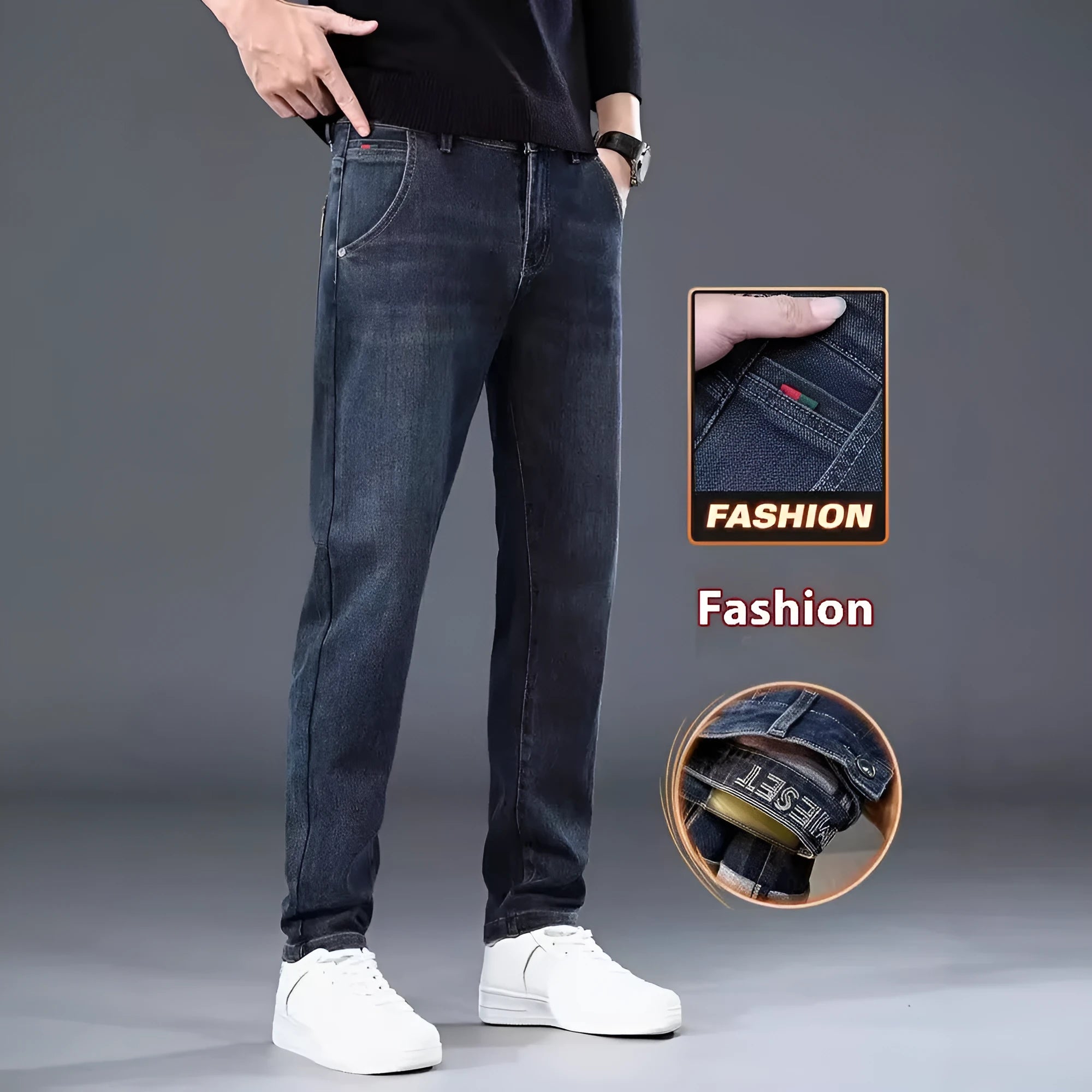 Man wearing slim straight blue grey casual trousers with a loose thin fit and zip fly.