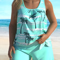 Women's plus size coconut tree print swimsuit in briefs style with side splits.