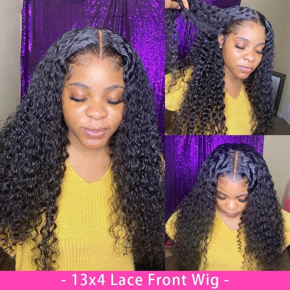 Curly human hair lace front wig on a stand, showing hand-woven construction and long curls.