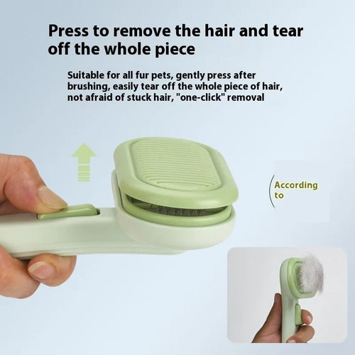 Large pet grooming comb with stainless steel blades in light green colour showing one-click cleaning mechanism