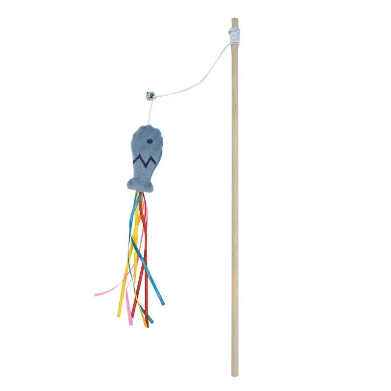 Colourful cat wand toy with ribbons, catnip fish, and bell on a wooden handle.