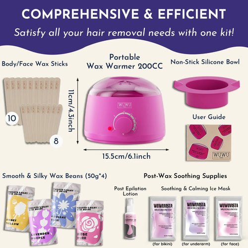 WUWUVISTA 29-piece hard wax hair removal kit with black warmer, wax beads, sticks, and aftercare products