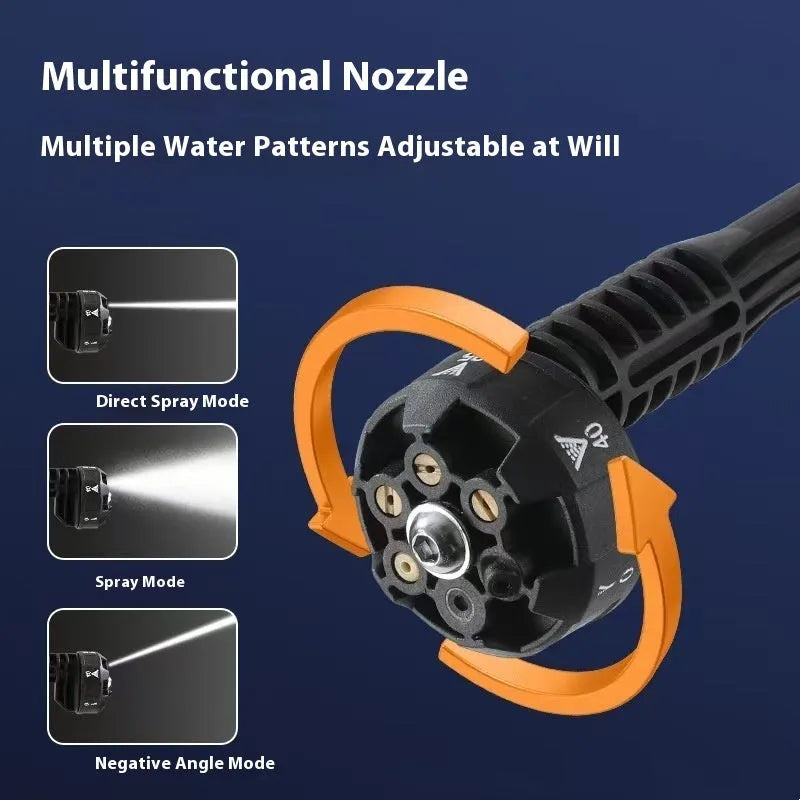 Green cordless high-pressure water gun with multiple nozzle attachments and extension rod on a patio.