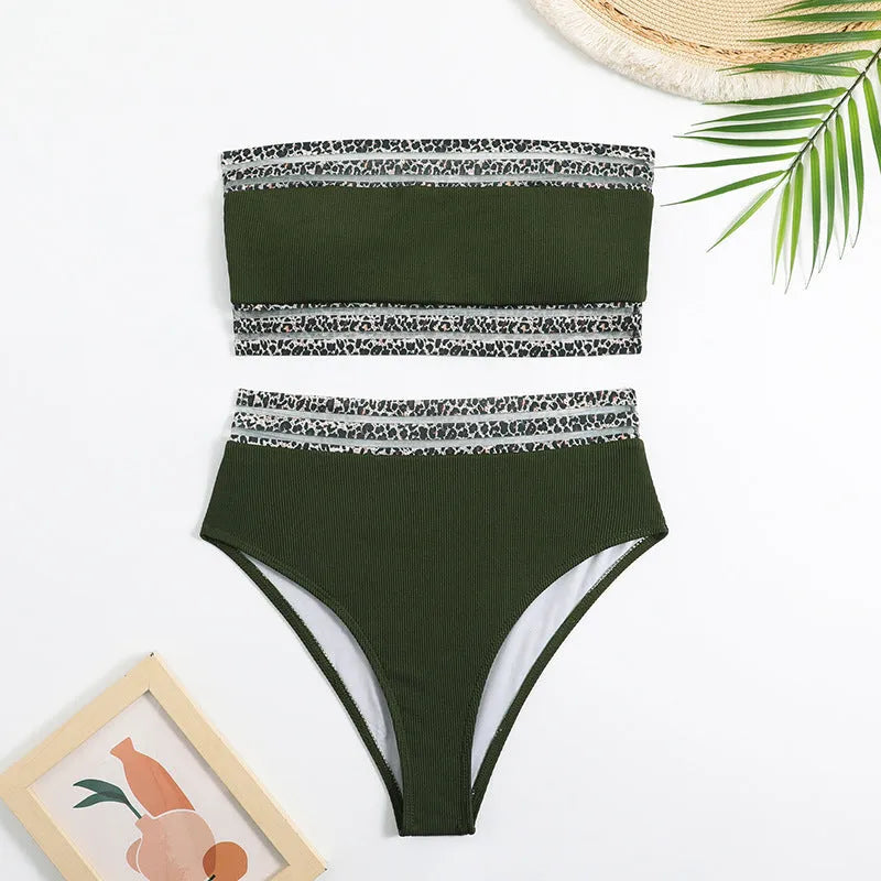Black strapless leopard print bikini set with briefs shorts