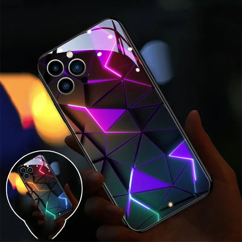 Transparent tempered glass iPhone case with incoming light feature showing Lightning Rhombus design.