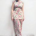 Long sleeve printed chiffon two-piece dress set with lace trim top and high waist maxi skirt