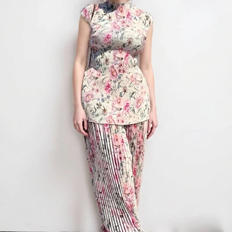 Long sleeve printed chiffon two-piece dress set with lace trim top and high waist maxi skirt