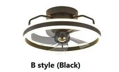 Modern white ceiling fan with integrated light and five PC blades, shown in a bedroom setting.