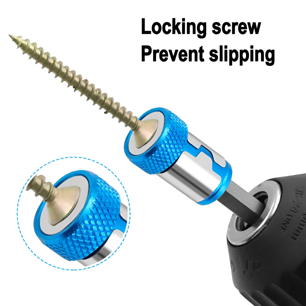Light blue screwdriver bit with magnetic ring in high carbon steel, showing patterned and smooth ring designs