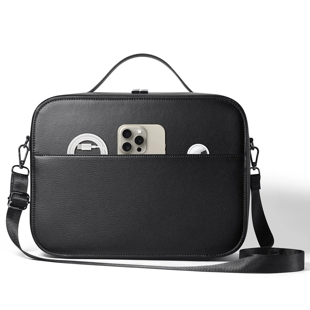 Black superfiber storage box for Apple Vision Pro mixed reality headset with dimensions 32.5 x 24.5 x 11.5 cm