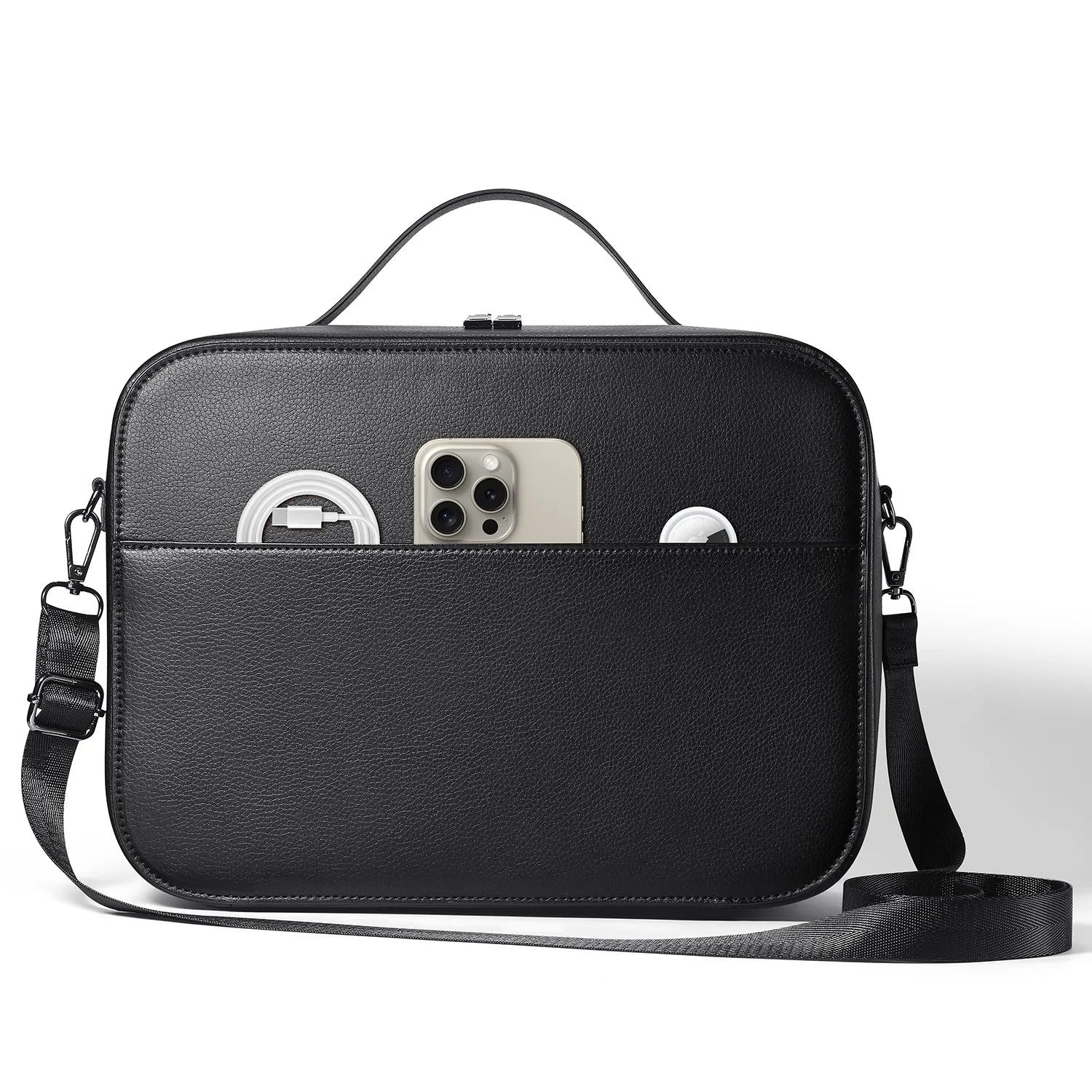 Black superfiber storage box for Apple Vision Pro mixed reality headset with dimensions 32.5 x 24.5 x 11.5 cm