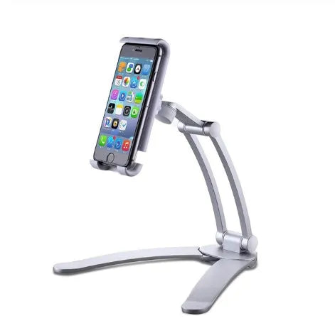 Silver aluminum alloy desktop stand holding a tablet at an adjustable angle.