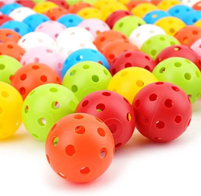 Six multi-colour 42mm golf practice balls including red, orange, blue, green, white, and yellow options
