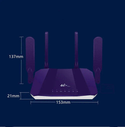 Blue 4G all network communication dual mode router with four external antennas showing front panel and dimensions