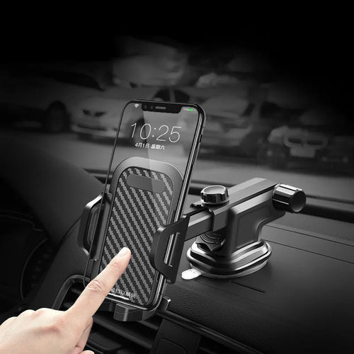 Black adjustable car phone holder for mobile devices 4 to 7 inches wide, showing clip mechanism.