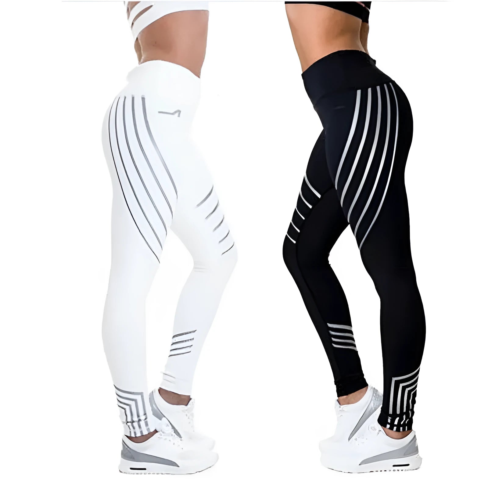 Women's high-waist workout leggings with glowing night print in black and white colours