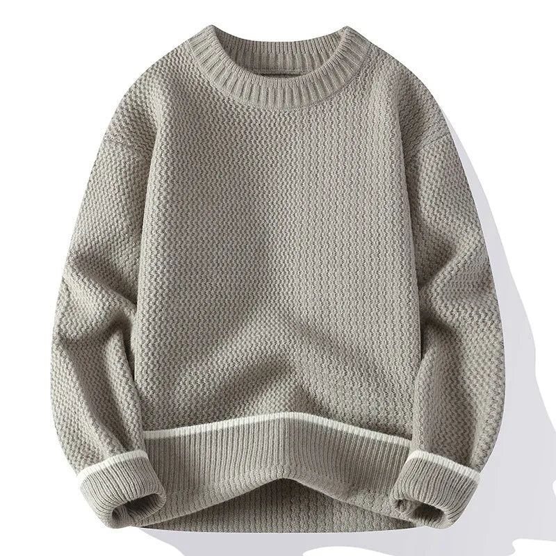 Men's loose fit chemical fibre blend sweater in grey colour showing round neck and long sleeve design