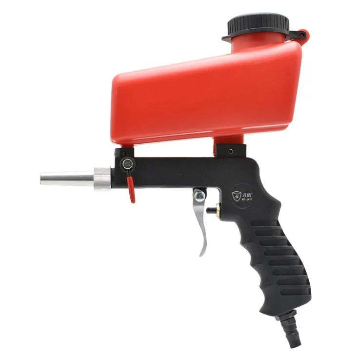 Portable gravity-fed pneumatic sandblasting gun with tank, shown in blue or black.