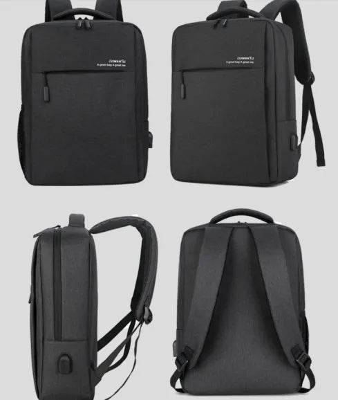 Black waterproof rechargeable backpack for a laptop, showing shoulder straps and a USB charging port.