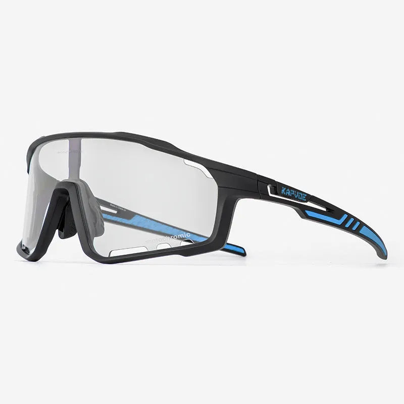 Semi-rimless photochromic cycling glasses with a TR90 frame, shown in a sport setting.