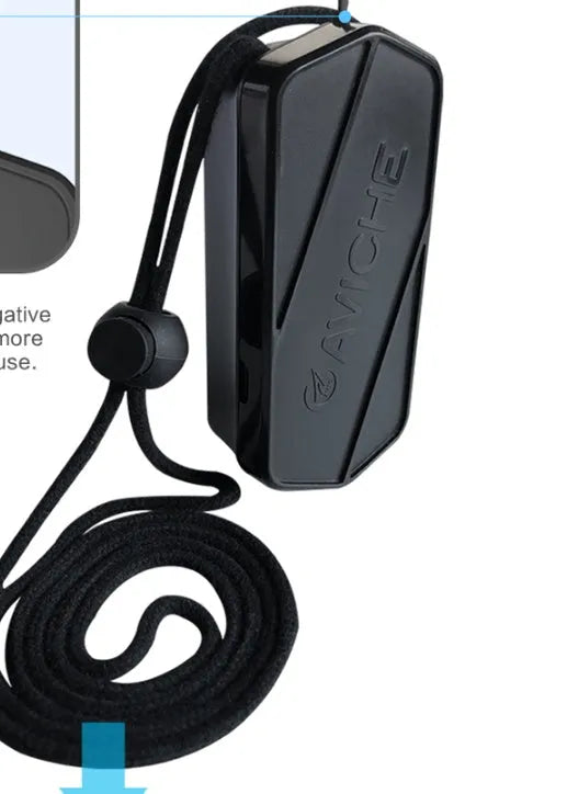 Black plastic personal air purifier necklace showing 80mm length and wearable design