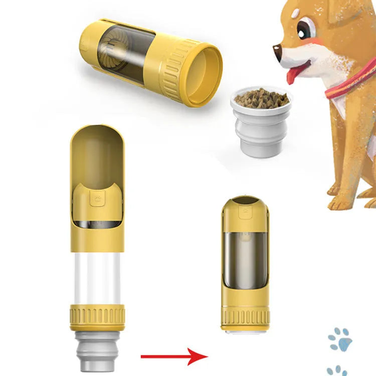 Portable dog water bottle with built-in drinking bowl in dark blue, white or yellow colours