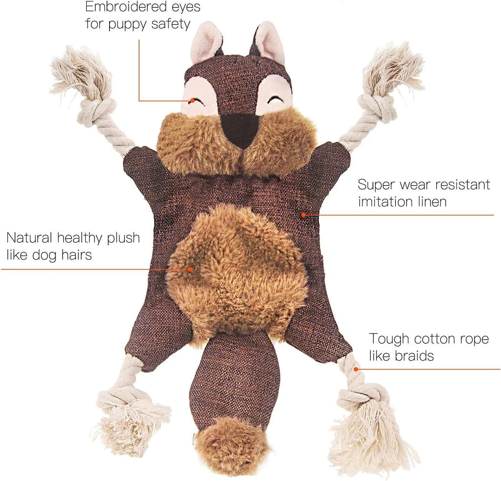 Brown fox plush dog toy with rope arms and legs, embroidered eyes, and a squeaker.