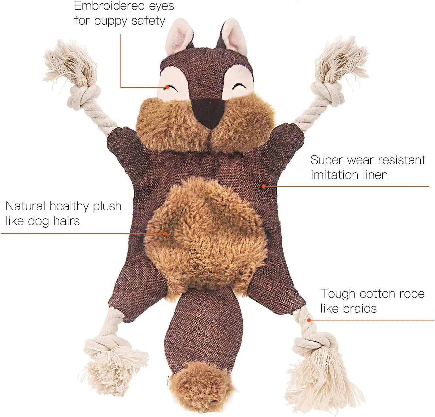 Brown fox plush dog toy with rope arms and legs, embroidered eyes, and a squeaker.
