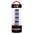 Peak silicone racket hand grip buckle in seven colours on a badminton racket handle.