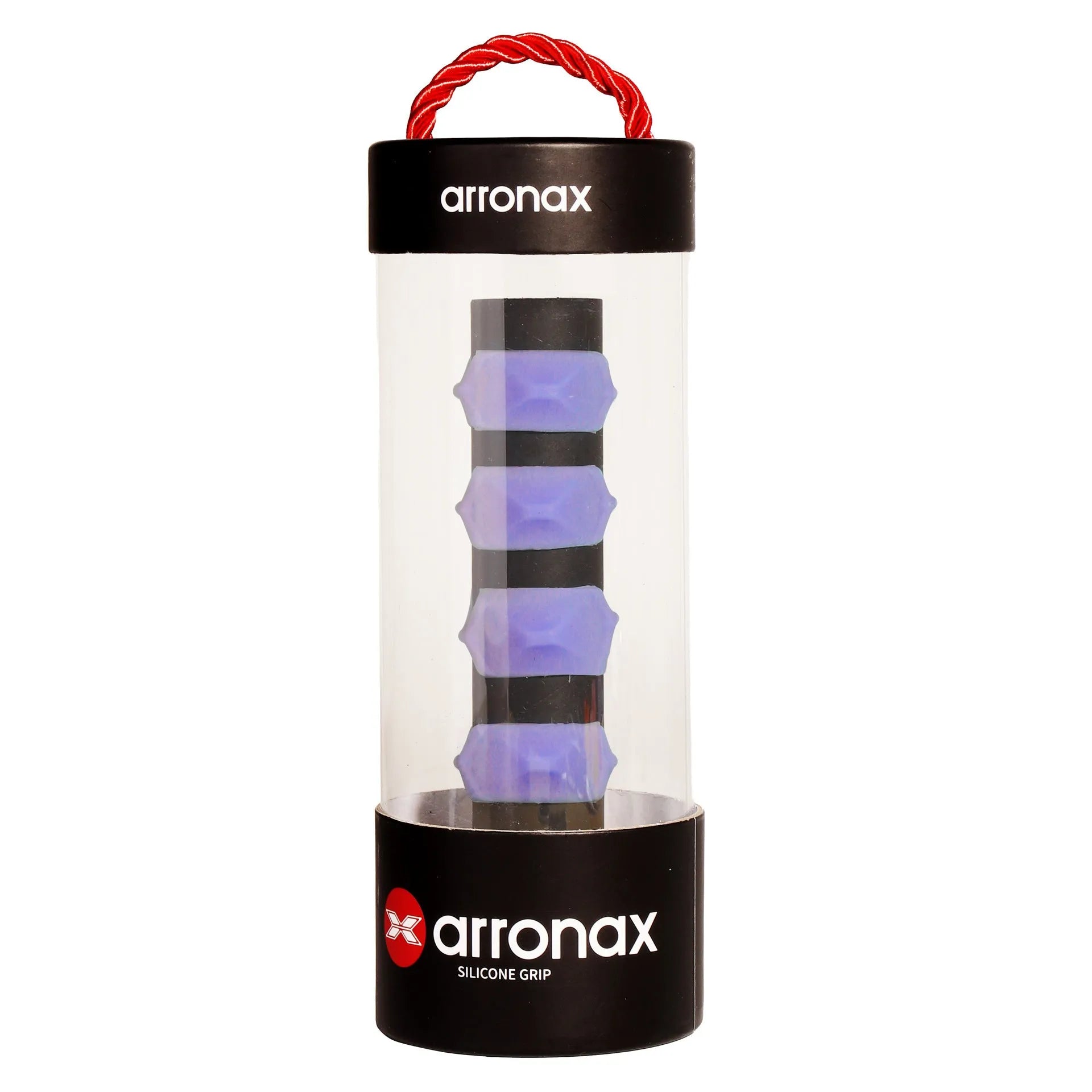 Peak silicone racket hand grip buckle in seven colours on a badminton racket handle.