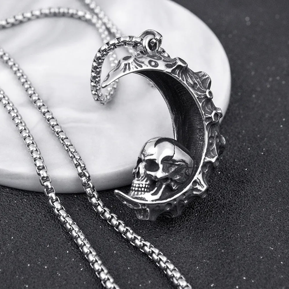 Men's stainless steel necklace with electroplated silver finish showing multiple pendant design options including skull, dagger and screw motifs