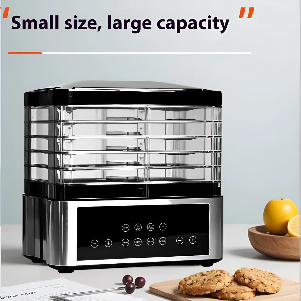Silver stainless steel fruit dehydrator with 14L capacity and temperature control dial