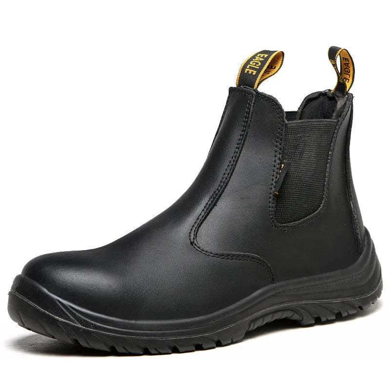 Black high-top leather safety work boots with anti-piercing soles on a plain background.