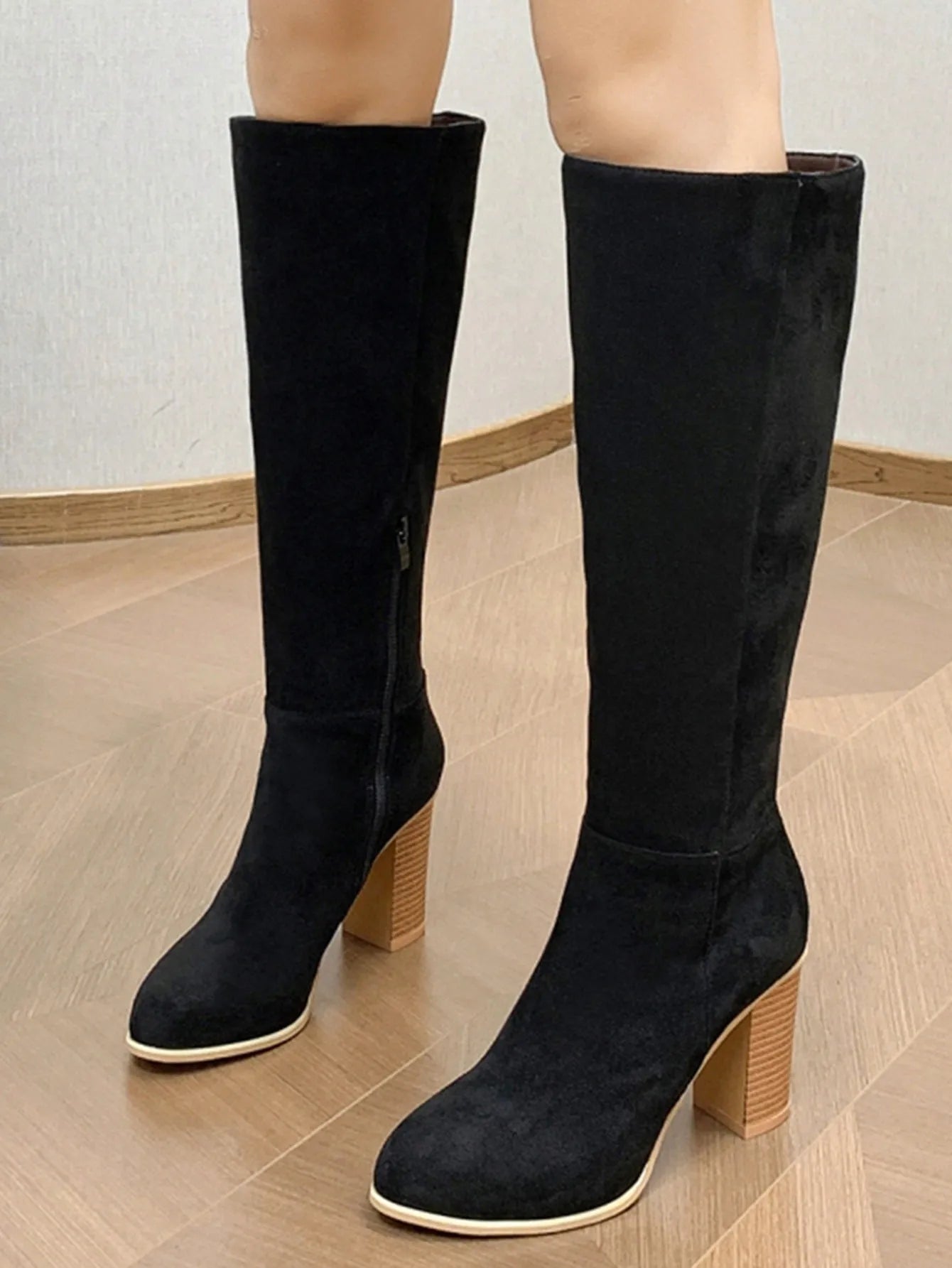 Women's square toe high heel boots in artificial PU material, black and dark brown colour options