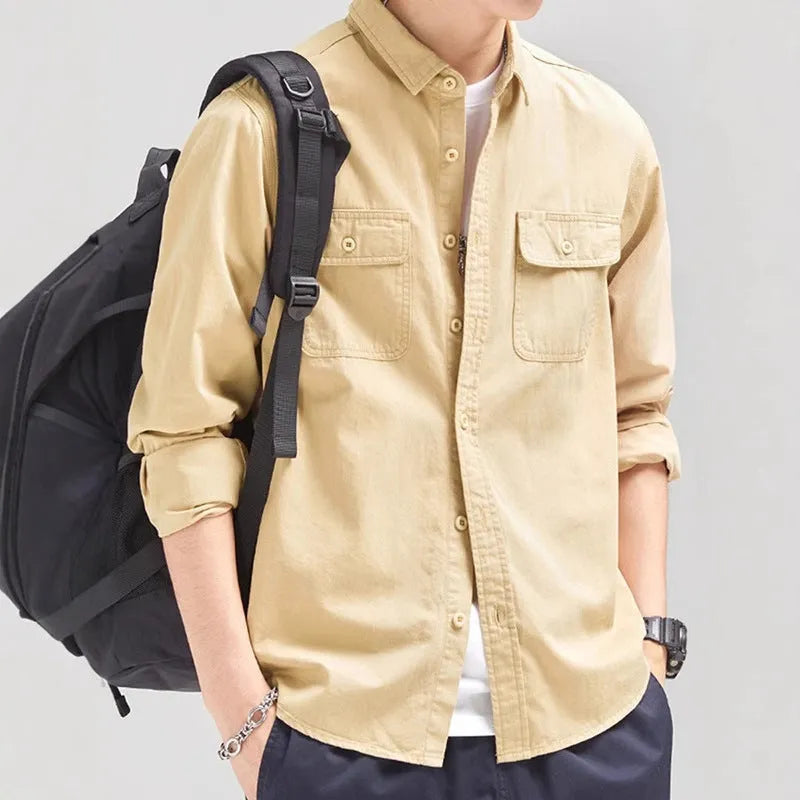 Men's loose fit long sleeve cardigan-style shirt in light grey, made from polyester fibre.